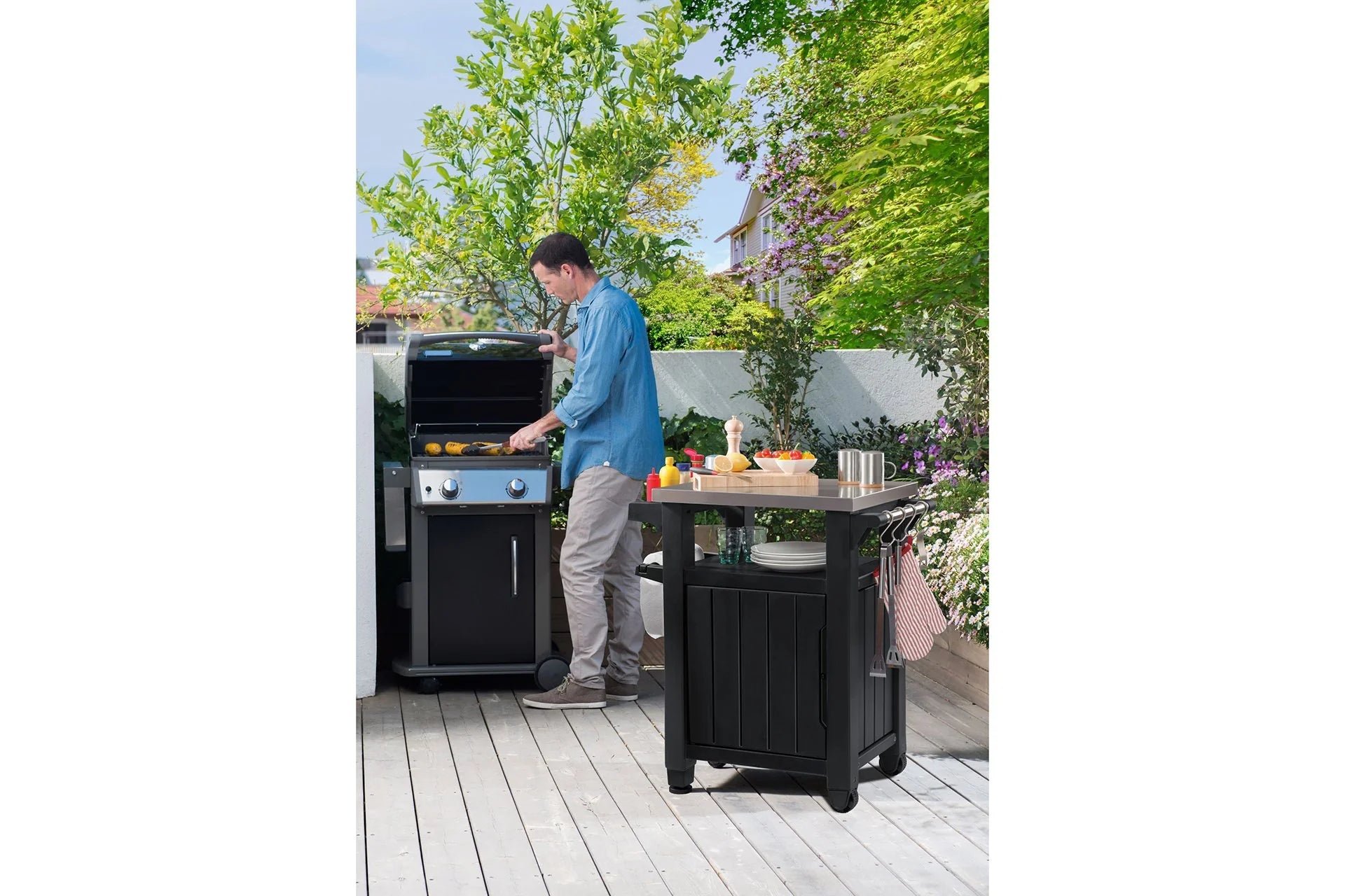 Keter Unity Mobile BBQ Prep and Storage Unit with Steel Bench Top Stormor Shelving