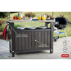 Keter Unity XL Mobile BBQ Prep and Storage Unit with Steel Bench Top