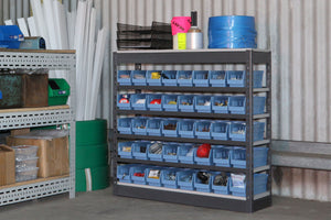 Summit Rivet Bin Shelving Units with Plastic Storage Bins - 40 or 70 Bins
