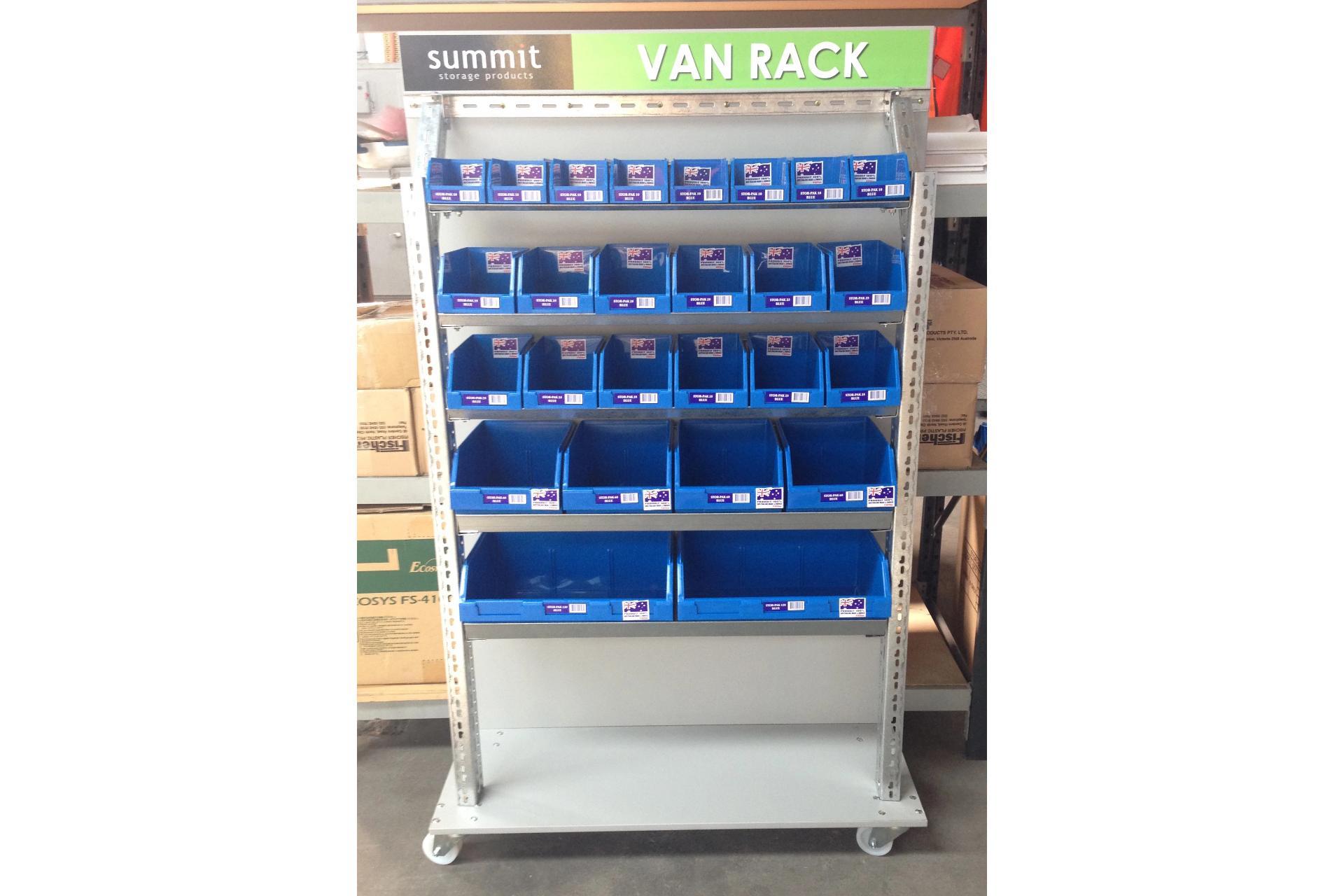 Summit Van Rack Shelving Storage Kit Frame with Fischer Plastic Bins -  Stormor Shelving